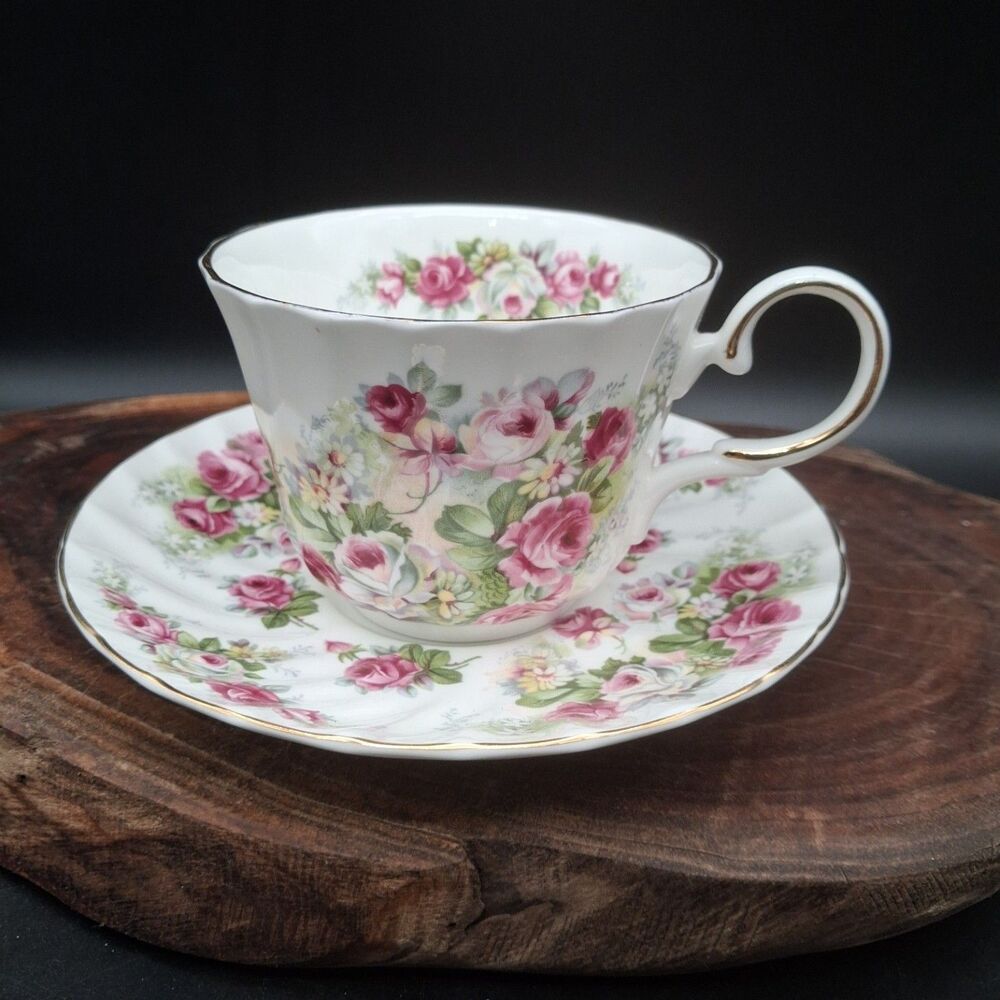 Allyn Nelson Collection Fine Bone China Teacup Saucer Pink Roses England Floral